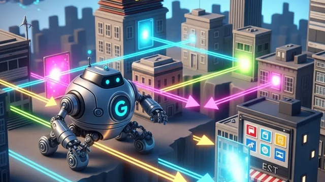 Illustration of Googlebot crawling different websites with arrows and neon lines, representing how search engines discover pages