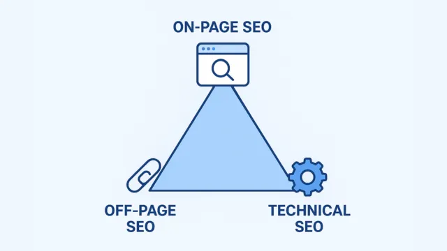 Diagram showing On-Page SEO, Off-Page SEO, and Technical SEO as core pillars of search engine optimization - iConnectDM