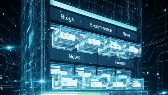 Illustration of search engine indexing blogs, e-commerce sites, news portals, and forums into a digital database - iConnectDM
