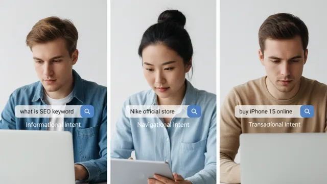 Illustration of users searching online with examples of informational intent, navigational intent, and transactional intent - iConnectDM