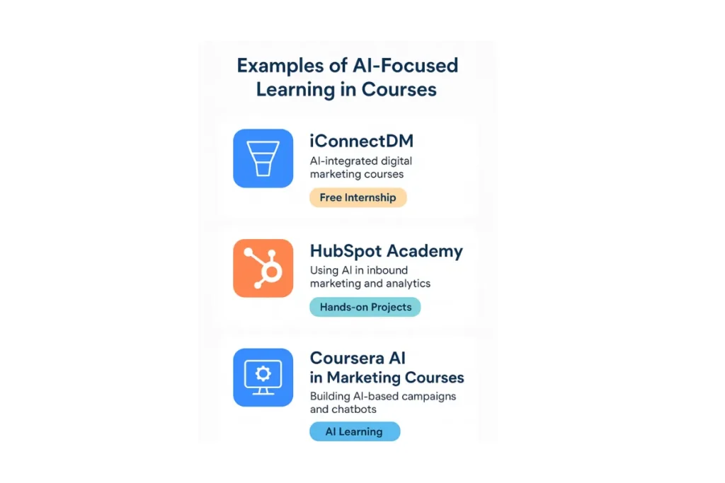 Visual list displaying examples of AI-focused learning offered by iConnectDM, HubSpot Academy, and Coursera with icons and features like free internship and hands-on projects.