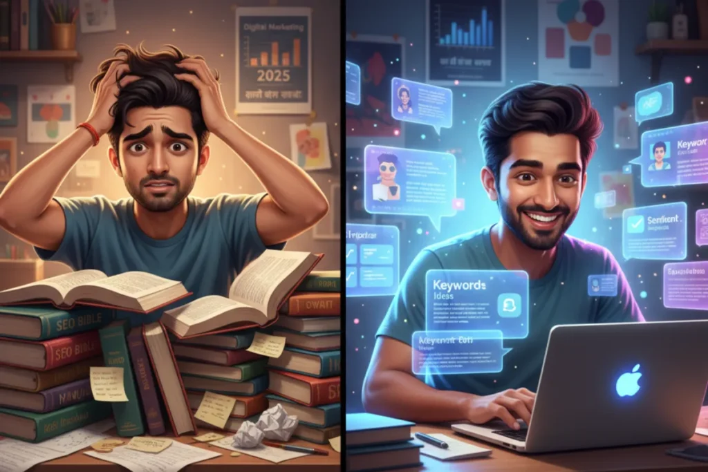 A split illustration comparing a stressed student studying SEO manually with a happy marketer using ChatGPT for faster AI-powered SEO tasks.