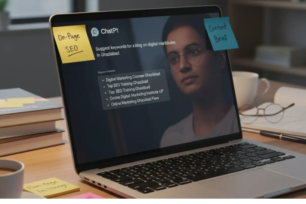 A laptop displaying ChatGPT generating keyword suggestions for digital marketing content, symbolizing AI-driven SEO research.