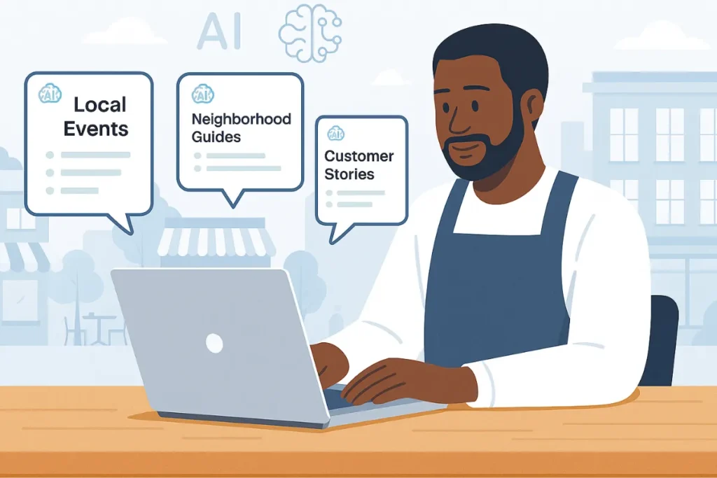 Man in an apron using AI on a laptop to generate local events, neighborhood guides, and customer stories.