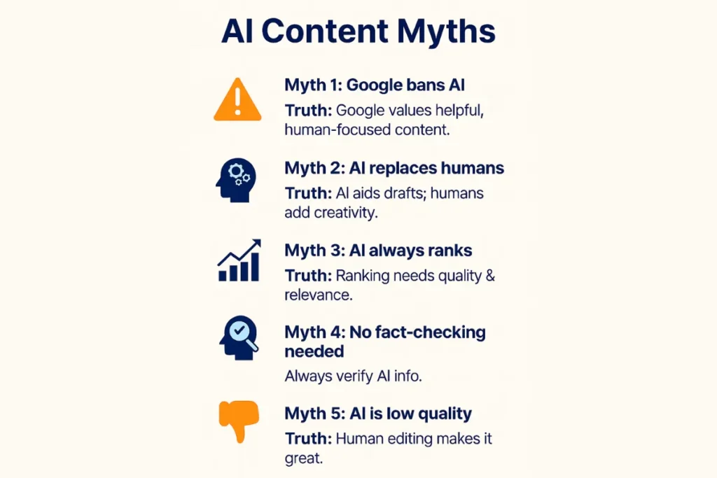 AI content myths and truths infographic explaining common misconceptions about AI-generated content.