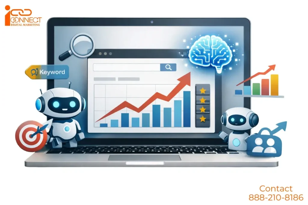 AI for SEO illustration showing artificial intelligence improving website rankings, keyword performance, and organic growth