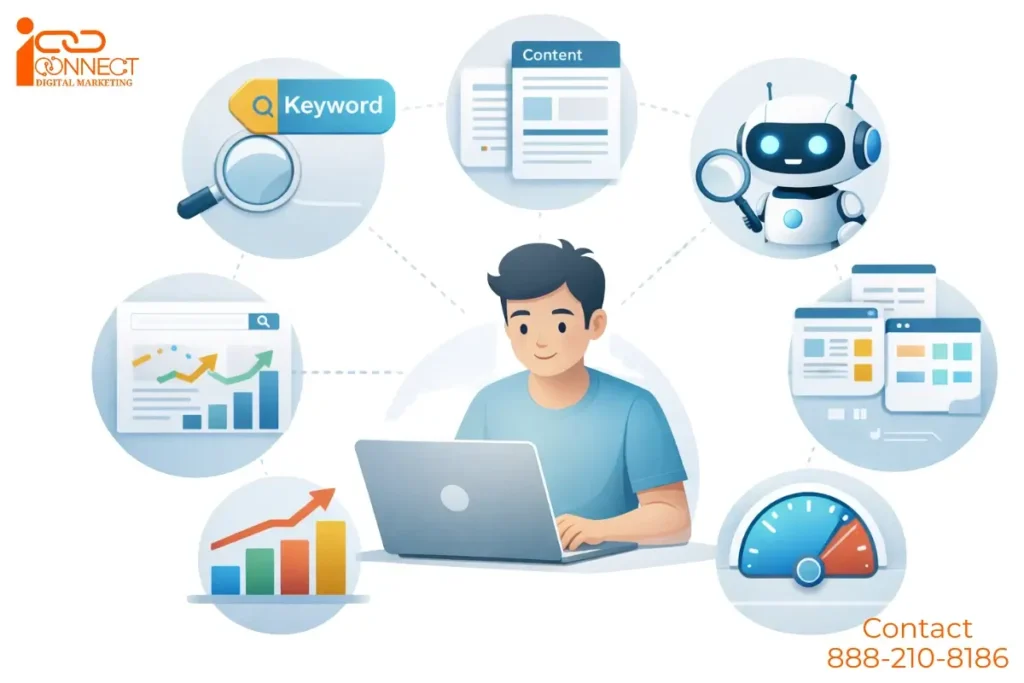 AI for SEO workflow showing artificial intelligence assisting with keyword research, content optimization, and website performance analysis