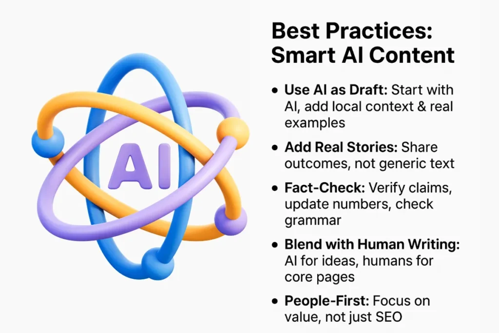 Best practices for creating smart AI content with guidelines like fact-checking, stories, and human editing.