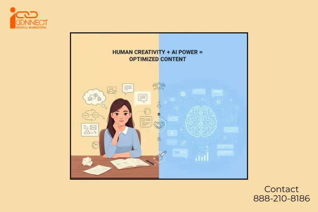 Illustration showing human creativity and artificial intelligence working together to create optimized digital content