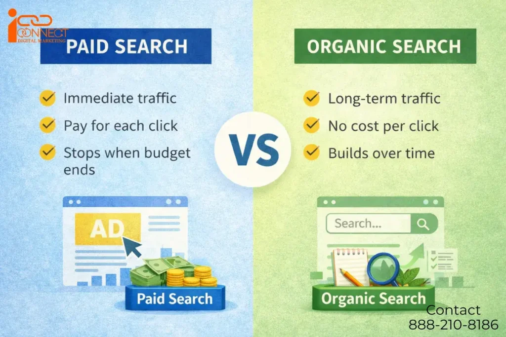 Comparison of paid search and organic search showing traffic speed, cost per click, and long-term growth benefits