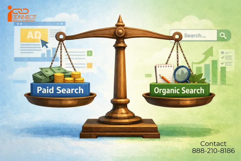 Visual comparison of paid search and organic search strategies balanced for digital marketing growth