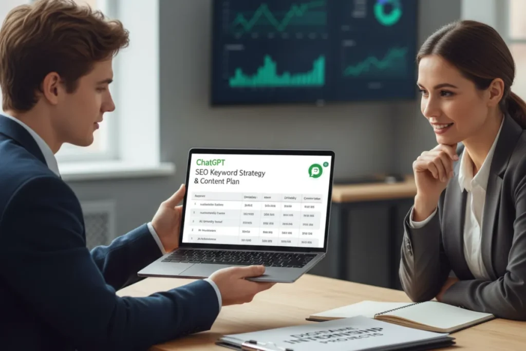 A man in a business suit showing a laptop screen to a woman in a meeting, displaying an SEO keyword strategy and content plan.