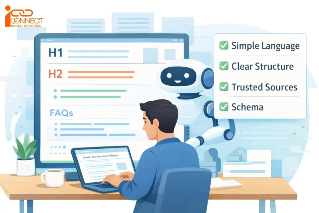Illustration showing AI search optimization with clear content structure, headings, FAQs, schema, and trusted sources