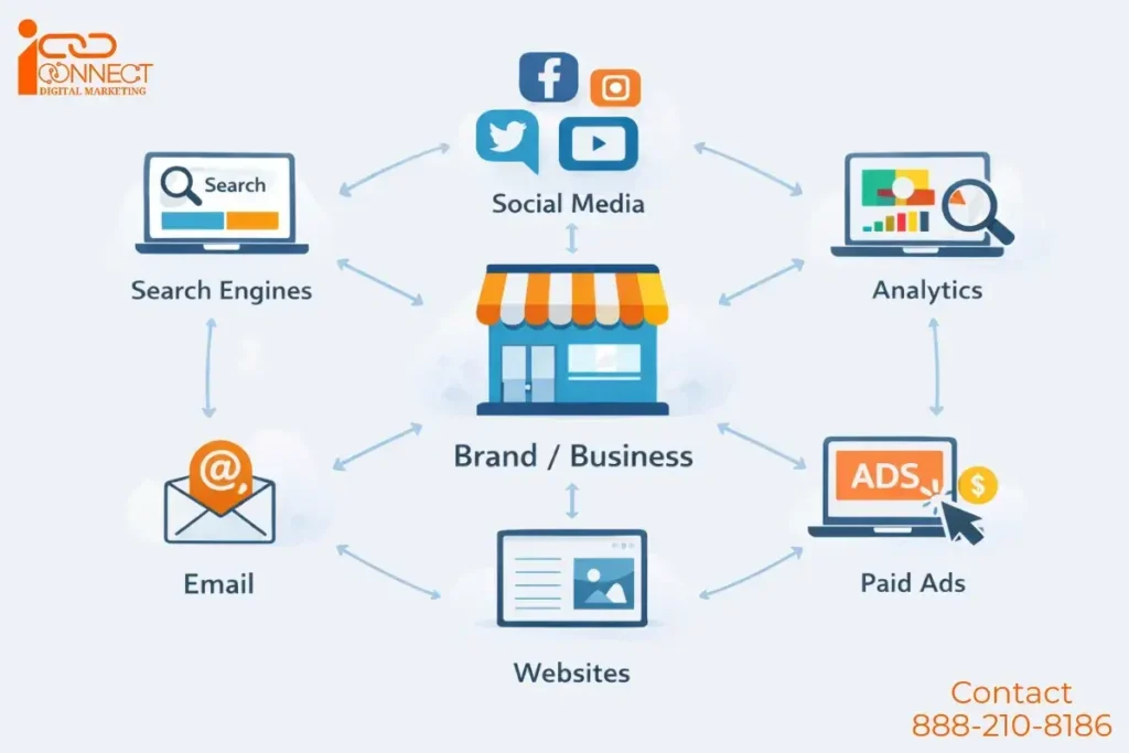 Digital marketing channels connected to a brand including search engines, social media, websites, email marketing, paid ads, and analytics