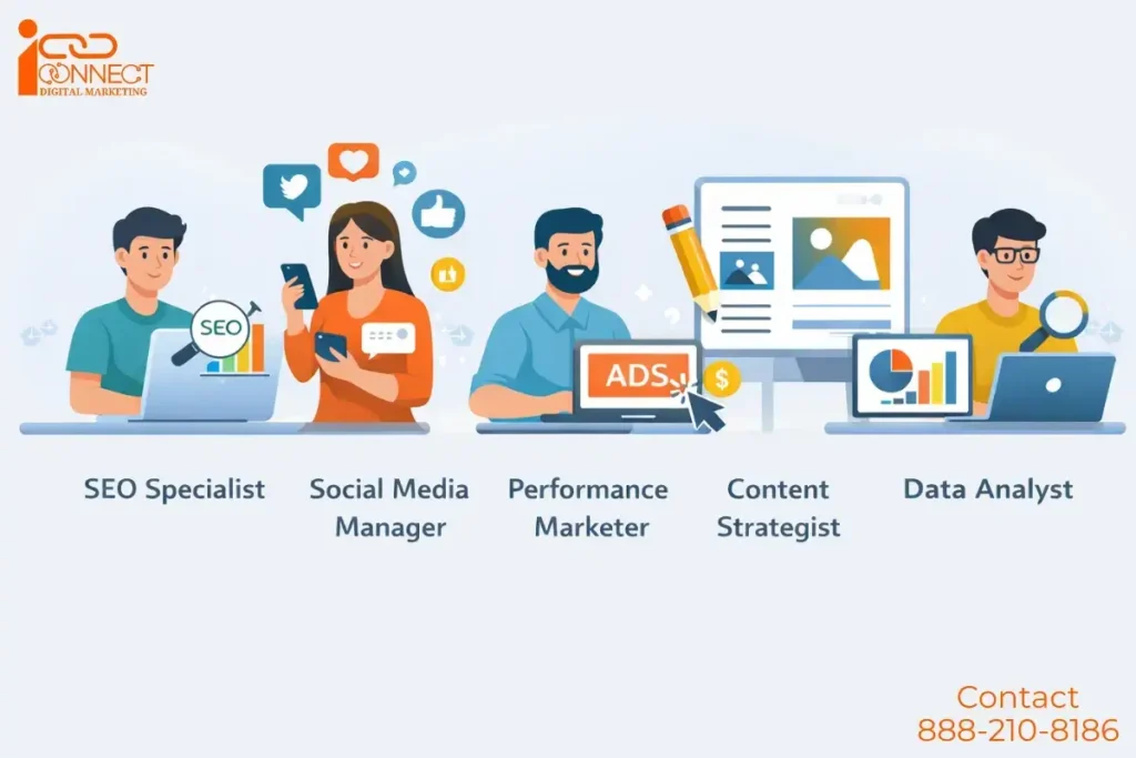 Different digital marketing job roles including SEO specialist, social media manager, performance marketer, content strategist, and data analyst